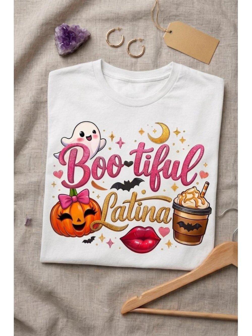 Boo-tiful Latina Halloween Tee: Spanglish Ghost, Coffee, Lips & Pumpkin Design